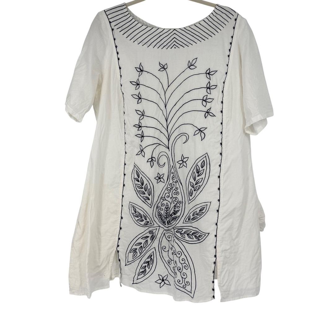 eShakti‎ White Cotton Embroidered Short Sleeve Pockets Tunic Top Mini Dress